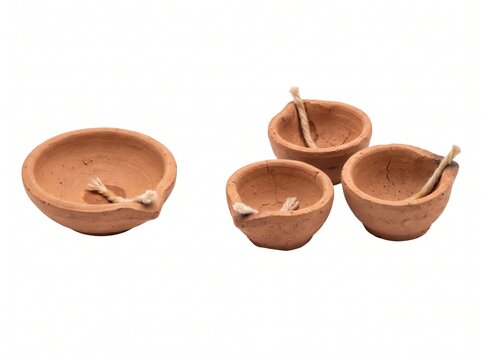 Four small traditional clay diyas for Diwali festival celebration.
