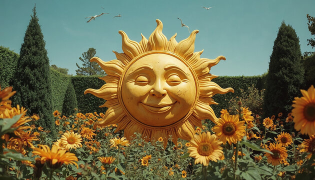 Huge smiling yellow sundial lush garden sunflowers