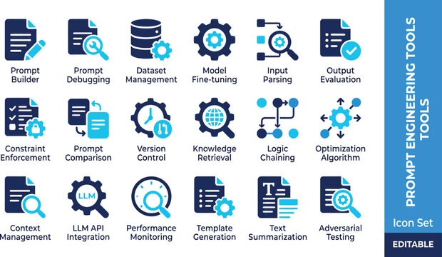 Prompt engineering tools icon set, 18 AI development vector icons, artificial intelligence LLM software symbols for UI design