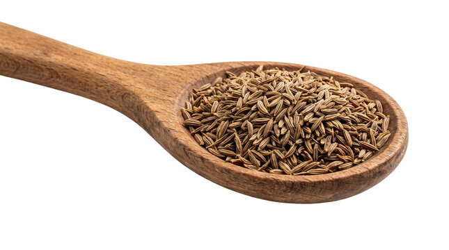 Dried aromatic cumin seeds resting inside a rustic brown wooden spoon captured in bright natural light from a high angle view placed on transparent background