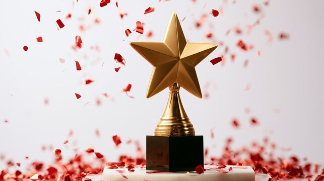 Golden star trophy elegantly rests on a dark base, showered with confetti, representing success and outstanding achievement