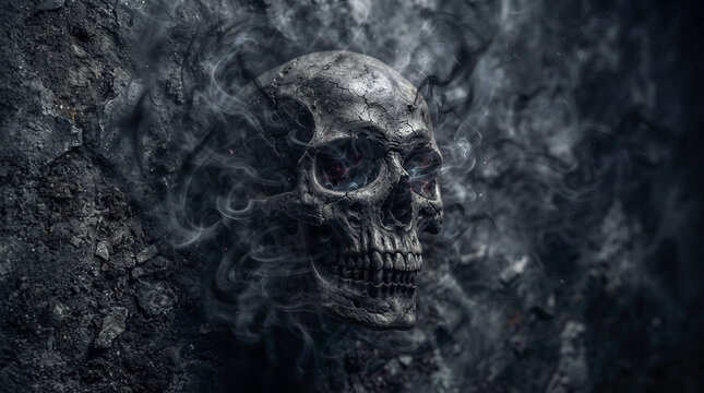 Calavera negra hiperrealista sobre textura grunge, rodeada de sombras, humo y energ&iacute;a m&iacute;stica, con una atm&oacute;sfera oscura, sobrenatural y terror&iacute;fica de Halloween.