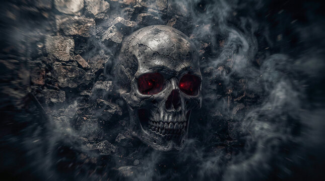 Calavera negra hiperrealista sobre textura grunge, rodeada de sombras, humo y energ&iacute;a m&iacute;stica, con una atm&oacute;sfera oscura, sobrenatural y terror&iacute;fica de Halloween.