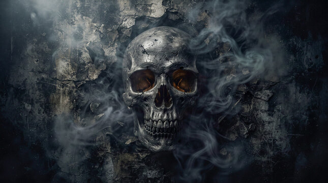 Calavera negra hiperrealista sobre textura grunge, rodeada de sombras, humo y energ&iacute;a m&iacute;stica, con una atm&oacute;sfera oscura, sobrenatural y terror&iacute;fica de Halloween.