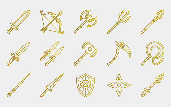 Set of fifteen golden fantasy weapon icons including swords bows axes hammers shields and daggers on white background