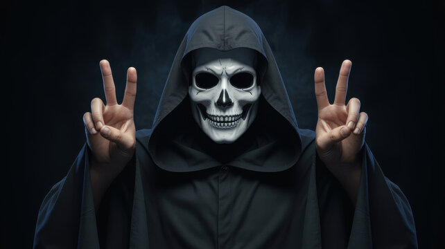 Grim reaper in a black robe making peace signs with a skeleton face.