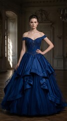 Fototapeta premium Elegant woman in a dramatic navy blue ball gown with a fitted bodice and layered full skirt, posing in a dark classic interior.