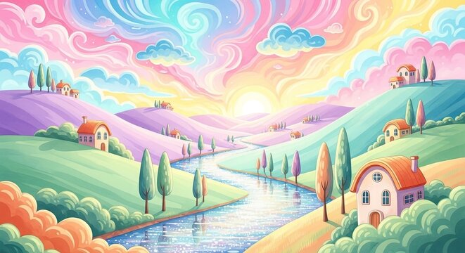 Colorful whimsical landscape with rolling hills and small houses.