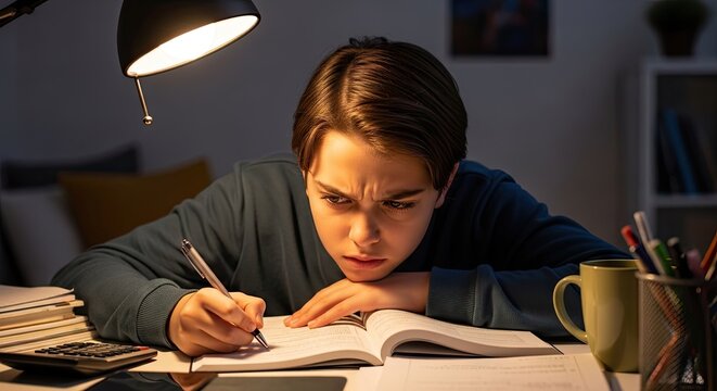 Student studying hard at night with books and lamp.