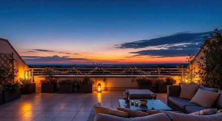 Obraz premium Modern balcony terrace with city view at sunset.