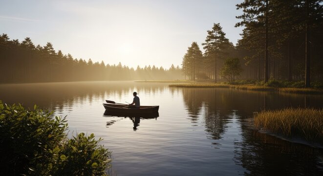 Solitary person rowing small boat on calm misty lake.