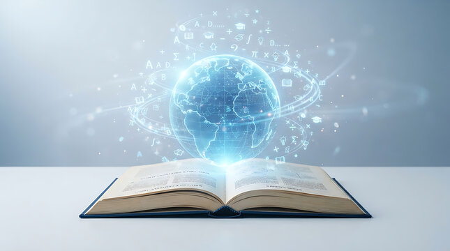 Holographic globe floating above an open book on a table