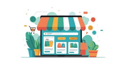 Fototapeta premium Online shopping concept with laptop displaying an ecommerce store and colorful awnings.