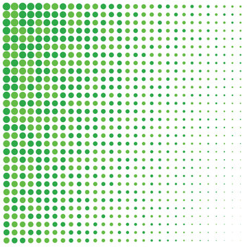 A creatively designed abstract portrait of a beautiful woman is formed from many tiny green circles against a clean white backdrop resulting in a pixelated