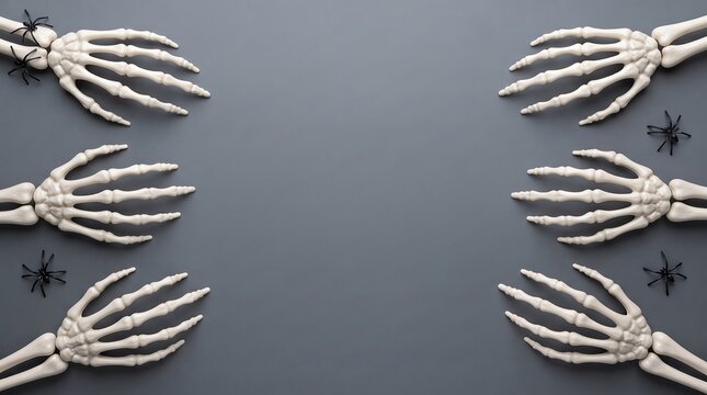 Skeletal hands arranged in a symmetrical pattern against a dark textured background