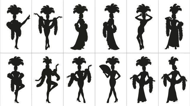 Elegant cabaret showgirl silhouette collection featuring detailed feather headdress designs in a crisp black vector illustration