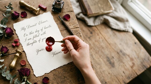 Hand sealing a handwritten letter with red wax and a vintage stamp surrounded by dried roses and inkwell
