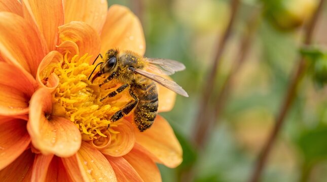 Close up of a honey bee covered in pollen collecting nectar from a vibrant orange dahlia flower in a garden setting