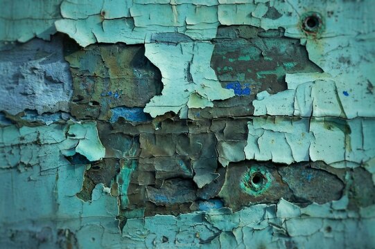 Cracked turquoise paint on a wall revealing textured layers underneath  