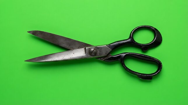 A pair of vintage metal scissors positioned against a solid green background