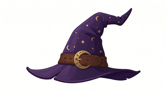 Dark purple witch hat with crescent moon buckle and stars