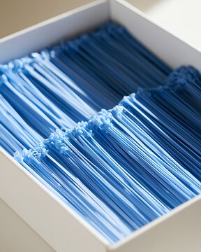 Blue pasta sticks arranged in white box