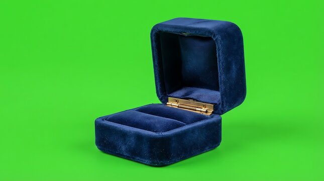 An open blue velvet ring box isolated against a vibrant green background