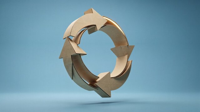A circular recycling symbol made of brown corrugated cardboard floating against a plain blue background with three dimensional recycling symbol constructed textured