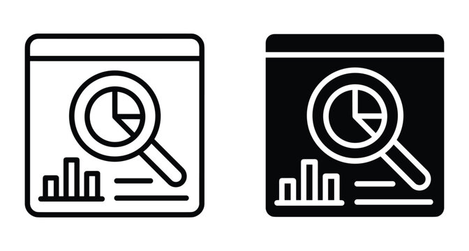 Data analysis dashboard icon set showing magnifying glass over pie chart and bar graph for business reporting and web analytics