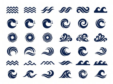 Dark blue sea wave symbol collection on plain white background