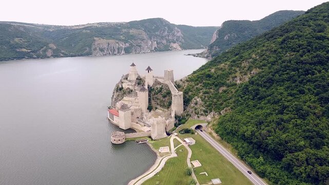 Aerial view of the medieval Golubac fortress. A famous serbian landmark on the Danube river bank at the entrance to the Djerdap gorge