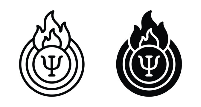 Psychology psi symbol with fire flames in circle icon set representing mental health passion burnout therapy and spiritual energy concept