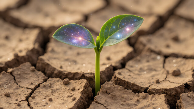 A small green sprout growing from cracked dry earth with galaxy patterns inside its leaves.