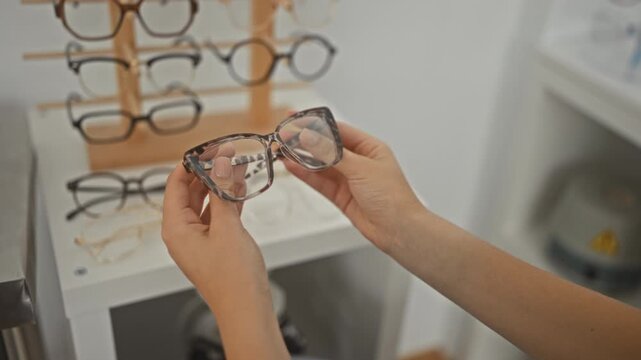 Woman holding tortoiseshell glasses with bare hands at an eyewear display inside an optical shop building; thoughtful decision.