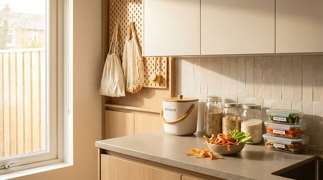 Eco kitchen setup featuring a sustainable compost bin, reusable storage jars, and wooden pegboard wall decor
