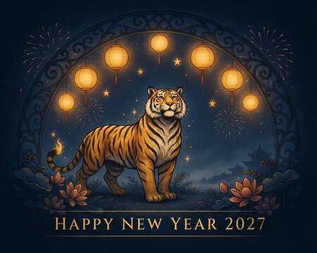 Year of the Tiger Happy New Year 2027 Banner with Sky Lanterns and Fireworks