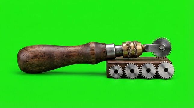 A vintage leather stitching tracing wheel tool with interchangeable gear heads
