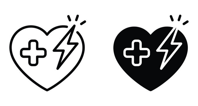 Heart icon with medical cross and lightning bolt representing defibrillator AED emergency cardiac care resuscitation first aid equipment and health