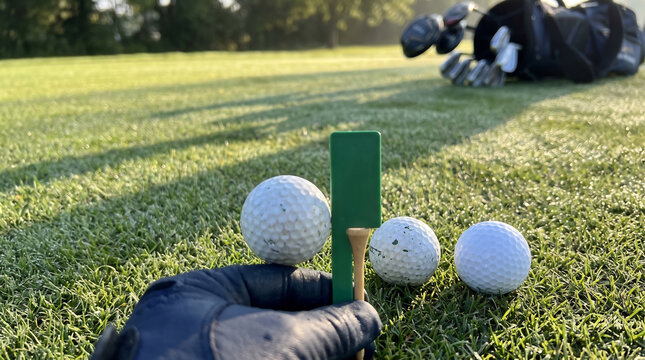 Tee height gauge held beside a worn and a fresh golf ball on a driving range