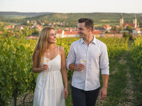 Gl&uuml;ckliches Paar genie&szlig;t regionalen Wei&szlig;wein bei einem Spaziergang durch einen tschechischen Weinberg. Die l&auml;ndliche Kulisse vermittelt Genuss, Romantik und entspannten Urlaub.