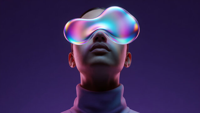 Young person wearing futuristic iridescent liquid visor in a dark purple studio environment.