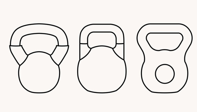 Minimal collection of kettlebell outlines in different shapes and styles. Vector fitness equipment set for gym, strength training, weightlifting and workout projects.