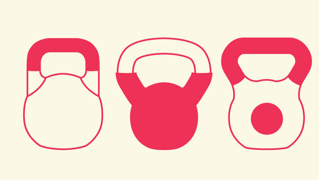 Collection of kettlebell icons in different shapes and graphic styles. Minimal vector set for gym, fitness, strength training, weightlifting and workout projects.