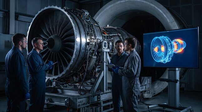 Aerospace engineers inspect a large jet engine turbine inside a high tech testing facility using digital screen simulation