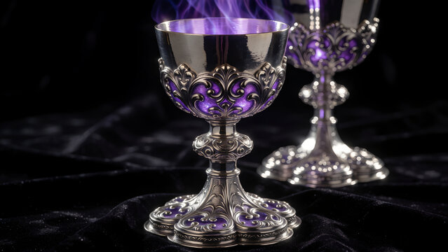 Ornate silver goblets with glowing purple magical fire on a black velvet background.