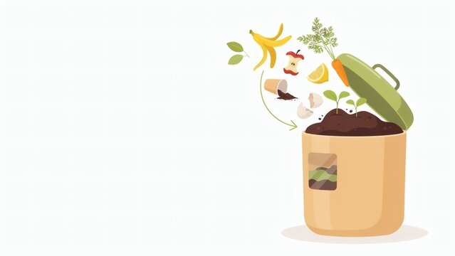 Illustration of kitchen food waste being recycled into organic compost inside a container bin with flat vector illustration create nutrient rich