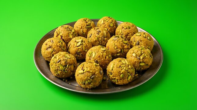 A plate of delicious sweet besan laddu against a vibrant green background