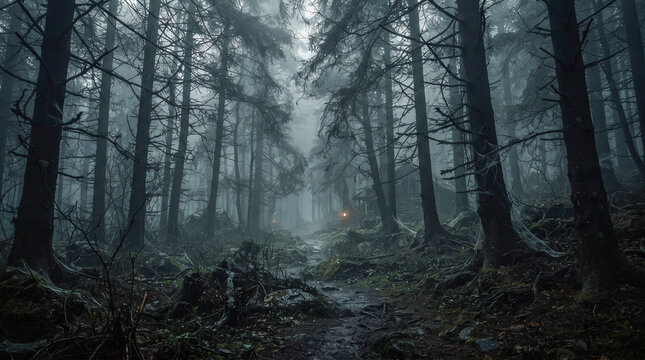 Bosque oscuro y misterioso cubierto de niebla, con un sendero h&uacute;medo iluminado por una tenue linterna, creando una atm&oacute;sfera inquietante y sobrenatural de Halloween.
