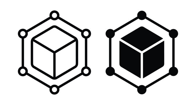 Blockchain technology icon set featuring 3D cube inside hexagonal network nodes representing decentralized data storage digital asset and crypto infrastructure