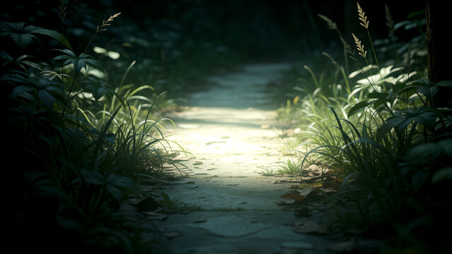 A peaceful narrow path winding through a lush green forest with soft sunlight.